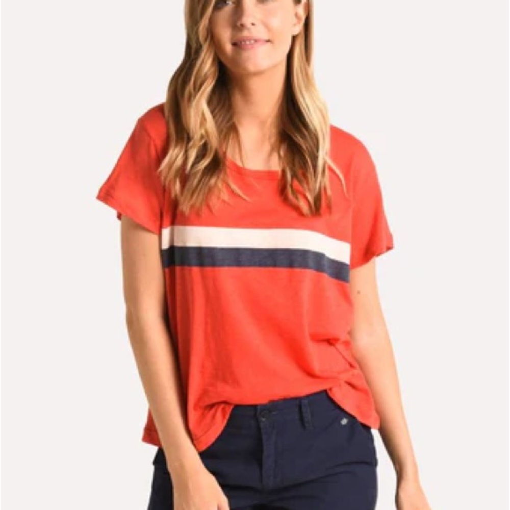 Anthropologie Sundry Coral Red Short Sleeve Tee with Navy & White Stripe